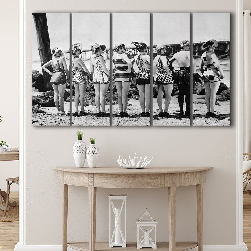 Flapper Girls Beach Black And White Print, Vintage Swimsuits Larger Canvas Art, 5 Piece Canvas Prints Wall Art Decor
