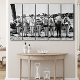 Flapper Girls Beach Black And White Print, Vintage Swimsuits Larger Canvas Art, 5 Piece Canvas Prints Wall Art Decor
