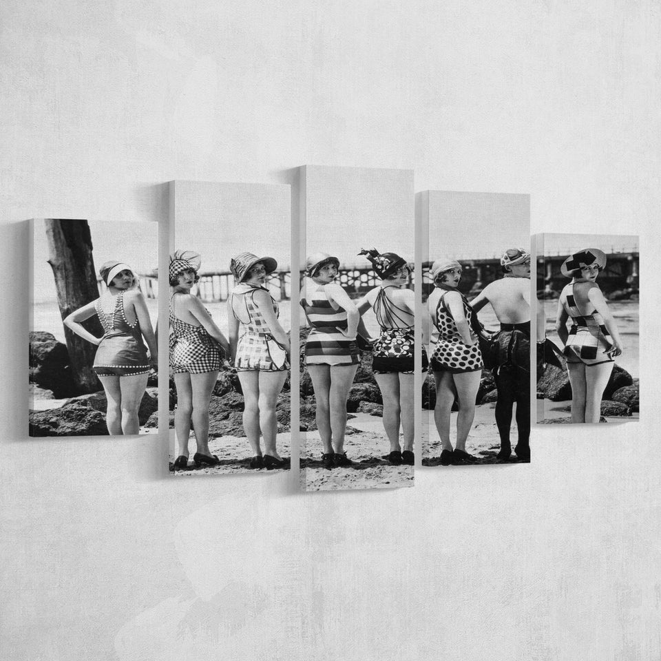 Flapper Girls Beach Black And White Print, Vintage Swimsuits 5 Panels, Canvas Prints Wall Art Decor, Large Canvas Art