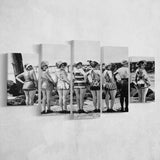 Flapper Girls Beach Black And White Print, Vintage Swimsuits 5 Panels, Canvas Prints Wall Art Decor, Large Canvas Art