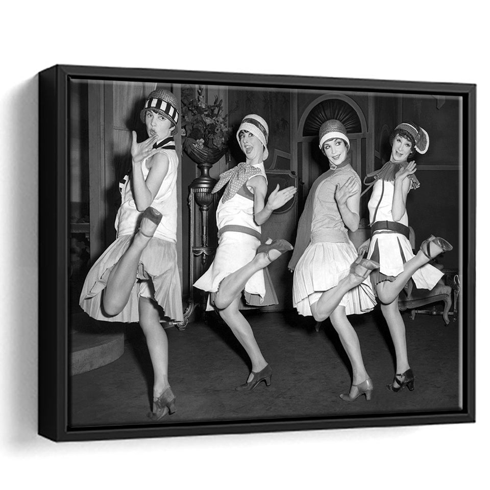 Flapper Girls Dancing The Charleston Black And White Print, Roaring Twenties Framed Canvas Prints Wall Art Home Decor,Floating Frame