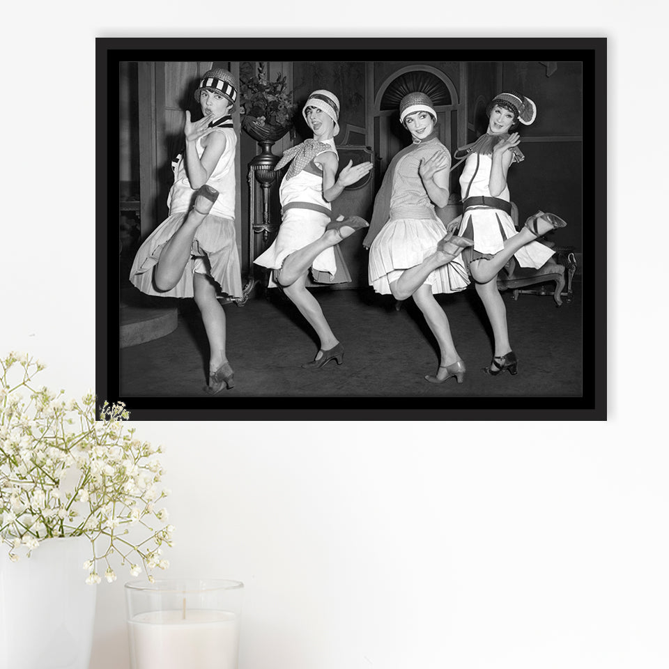 Flapper Girls Dancing The Charleston Black And White Print, Roaring Twenties Framed Canvas Prints Wall Art Home Decor,Floating Frame