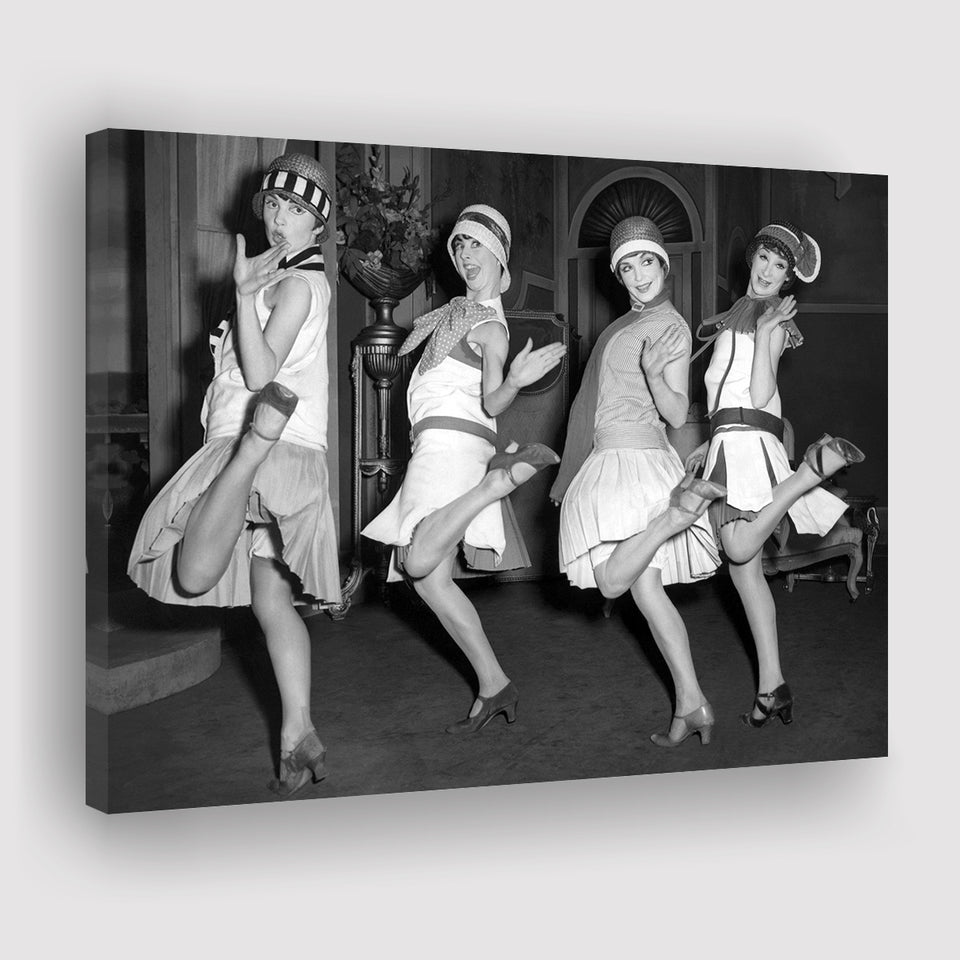 Flapper Girls Dancing The Charleston Black And White Print, Roaring Twenties Canvas Prints Wall Art Home Decor