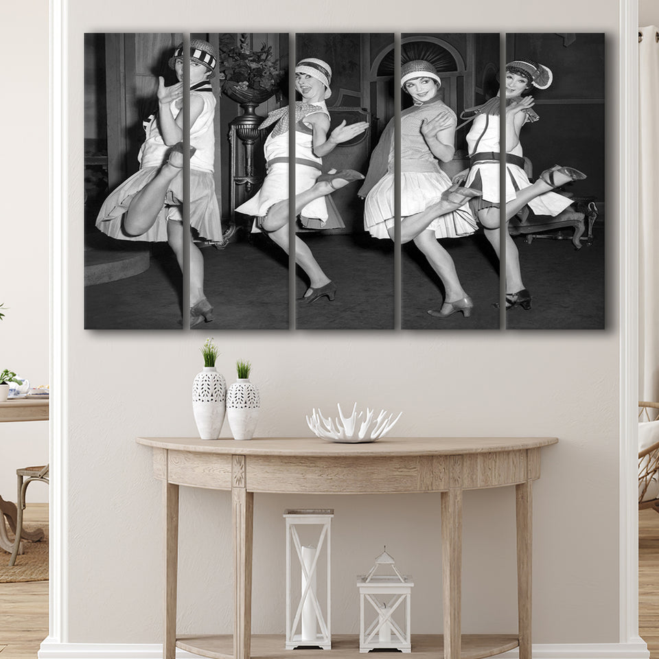 Flapper Girls Dancing The Charleston Black And White Print, Roaring Twenties Larger Canvas Art, 5 Piece Canvas Prints Wall Art