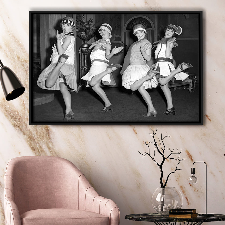 Flapper Girls Dancing The Charleston Black And White Print, Roaring Twenties Framed Canvas Prints Wall Art Home Decor,Floating Frame