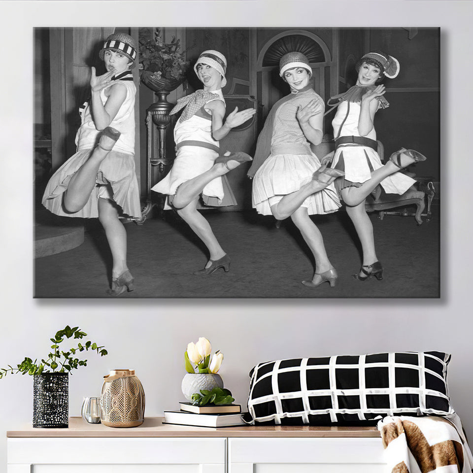Flapper Girls Dancing The Charleston Black And White Print, Roaring Twenties Canvas Prints Wall Art Home Decor