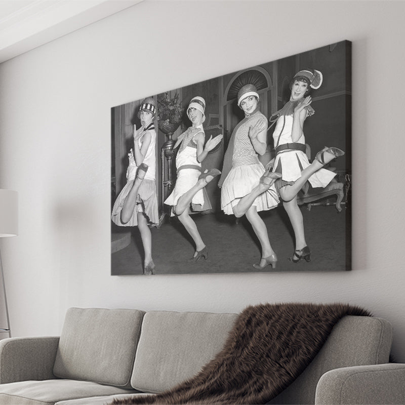 Flapper Girls Dancing The Charleston Black And White Print, Roaring Twenties Canvas Prints Wall Art Home Decor
