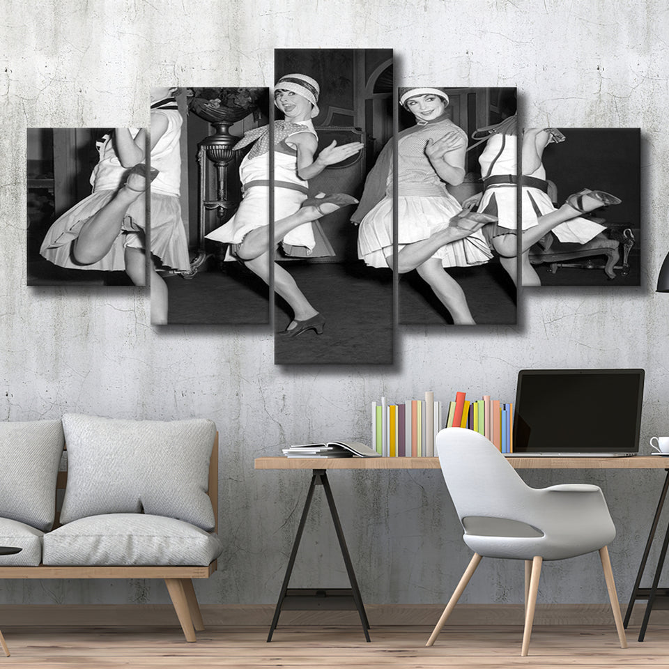 Flapper Girls Dancing The Charleston Black And White Print, Roaring Twenties 5 Panels, Canvas Prints Wall Art Decor, Large Canvas Art