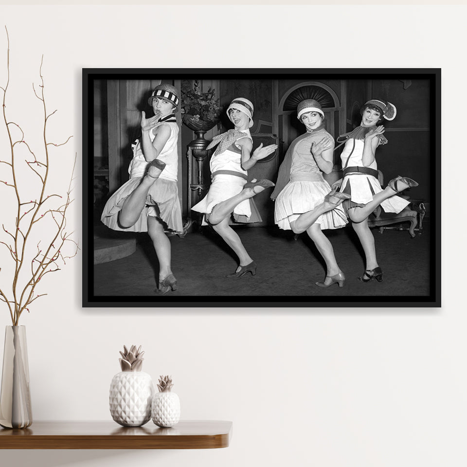 Flapper Girls Dancing The Charleston Black And White Print, Roaring Twenties Framed Canvas Prints Wall Art Home Decor,Floating Frame