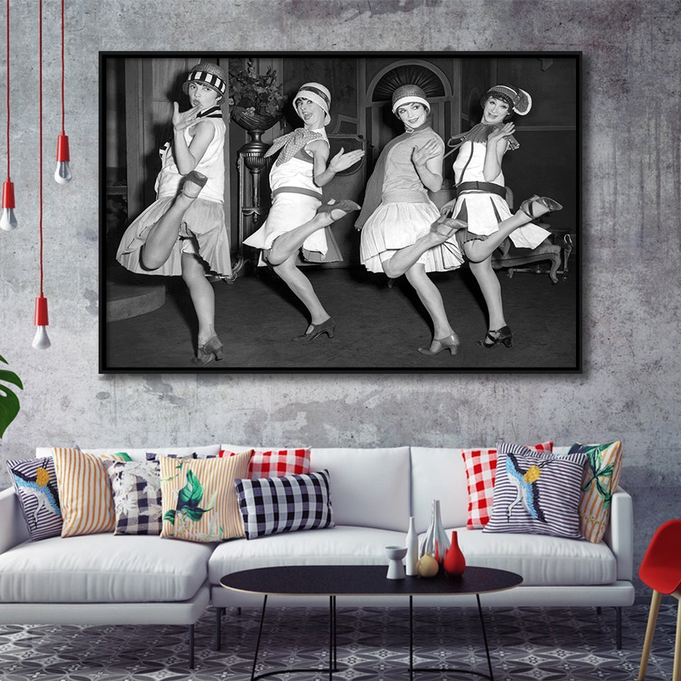 Flapper Girls Dancing The Charleston Black And White Print, Roaring Twenties Framed Canvas Prints Wall Art Home Decor,Floating Frame