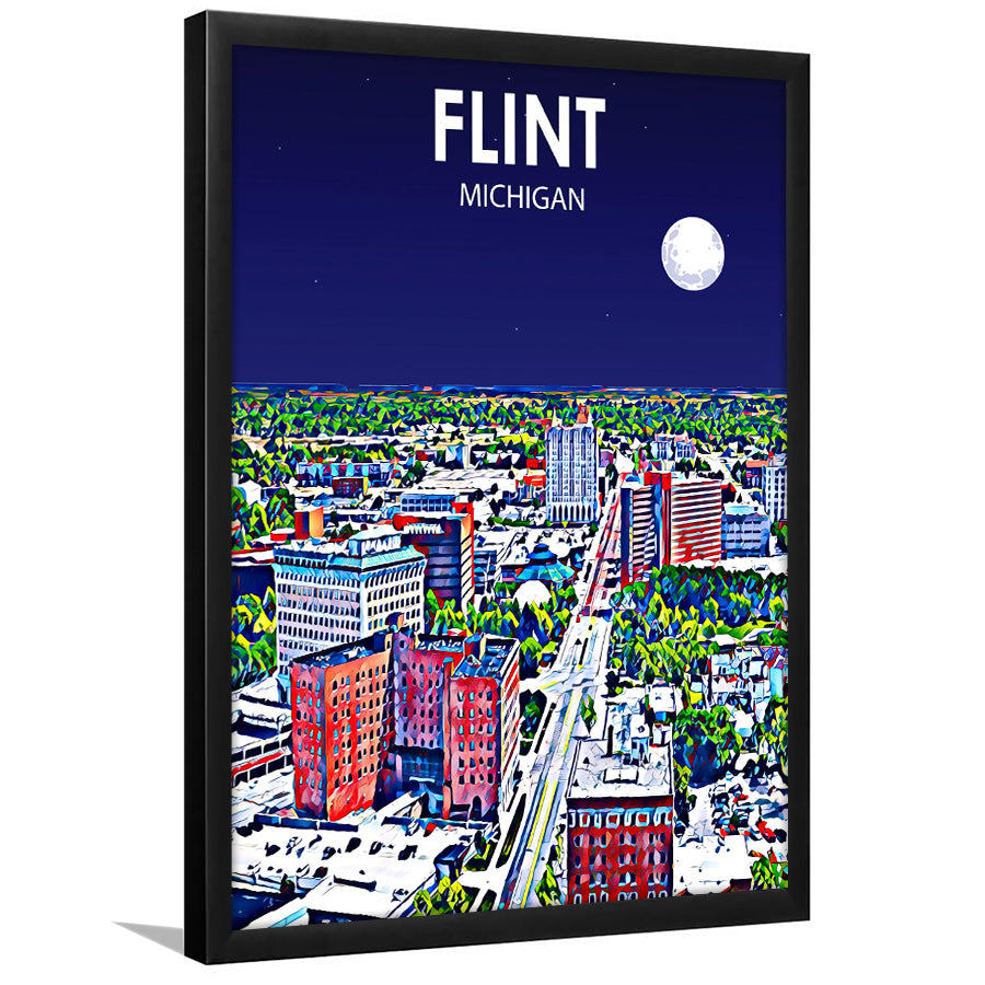 Flint MI Art Night Landscape, City Art Print, Framed Art Print Wall Art Home Decor, Framed Picture
