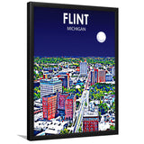 Flint MI Art Night Landscape, City Art Print, Framed Art Print Wall Art Home Decor, Framed Picture