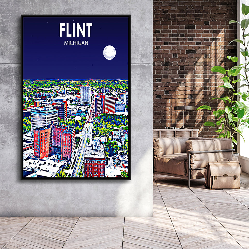 Flint MI Art Night Landscape, Large Canvas, Framed Canvas Print Wall Art Home Decor, Floating Frame