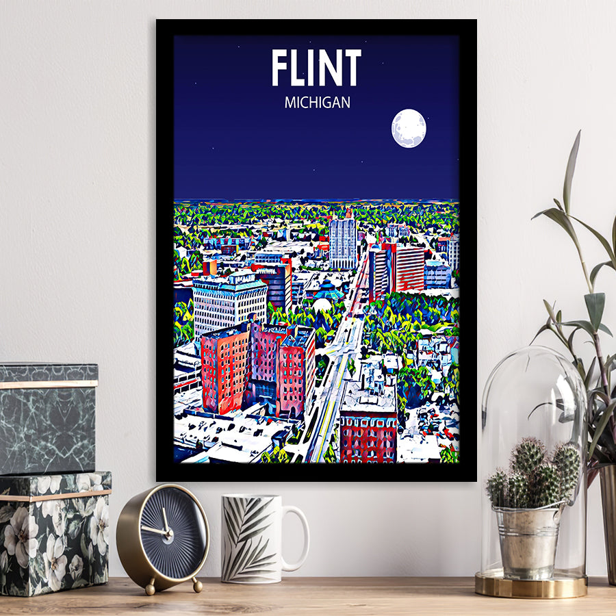 Flint MI Art Night Landscape, City Art Print, Framed Art Print Wall Art Home Decor, Framed Picture