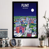 Flint MI Art Night Landscape, City Art Print, Framed Art Print Wall Art Home Decor, Framed Picture