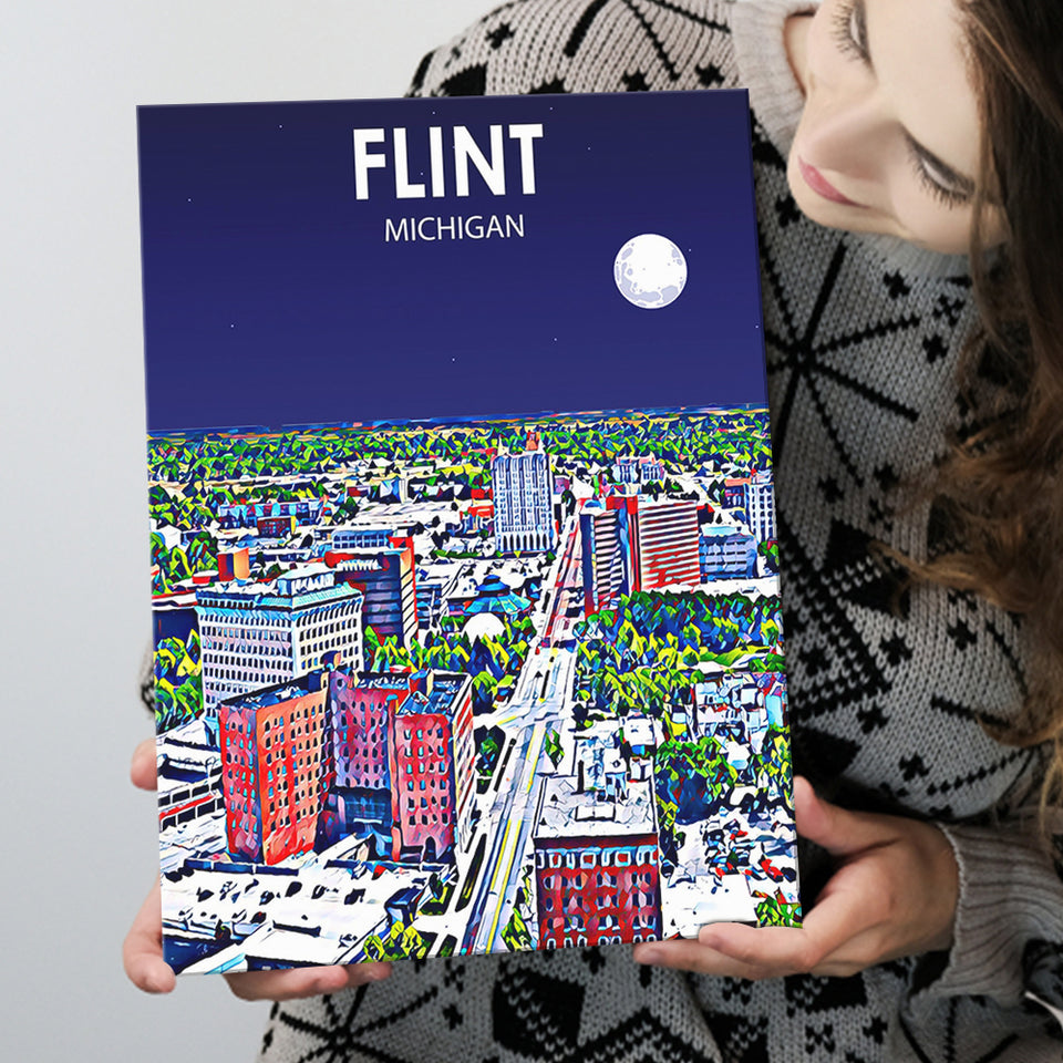 Flint MI Art Night Landscape ,City Art Print, Large Canvas, Canvas Print Wall Art Home Decor