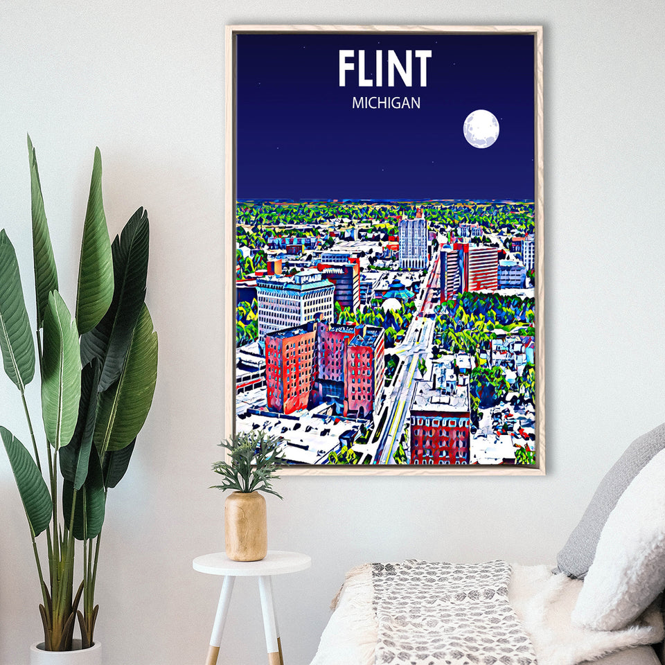 Flint MI Art Night Landscape, Large Canvas, Framed Canvas Print Wall Art Home Decor, Floating Frame