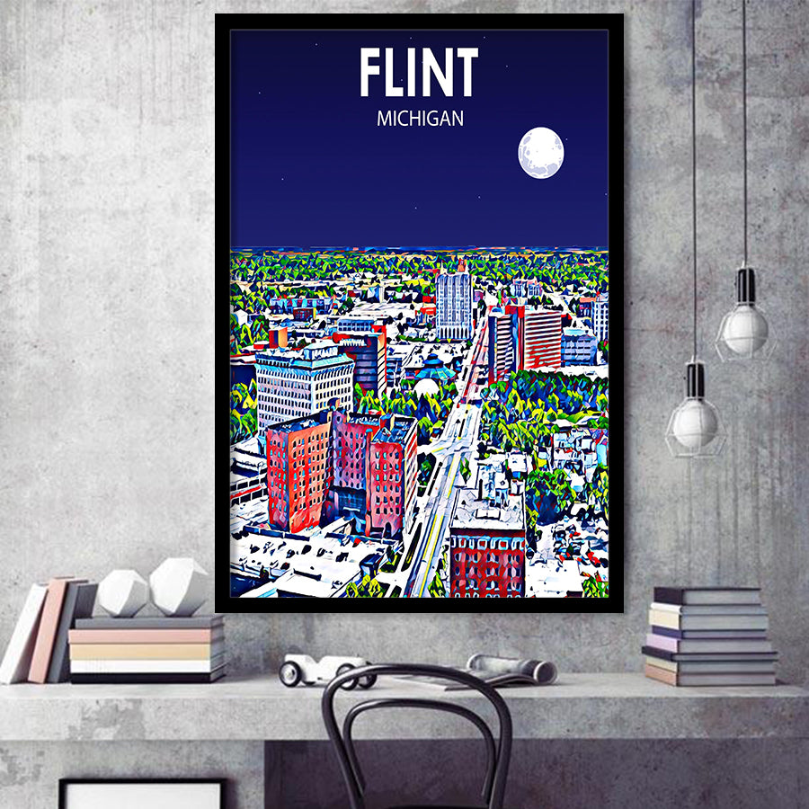 Flint MI Art Night Landscape, City Art Print, Framed Art Print Wall Art Home Decor, Framed Picture