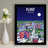 Flint MI Art Night Landscape, City Art Print, Framed Art Print Wall Art Home Decor, Framed Picture