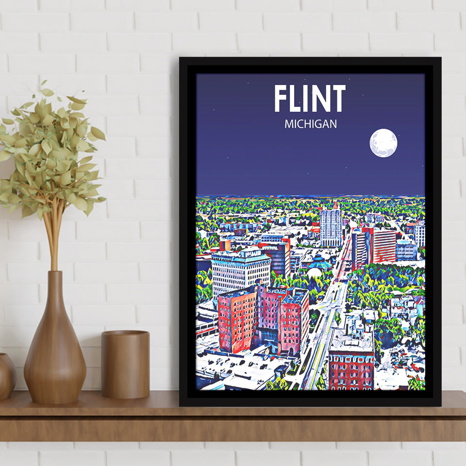Flint MI Art Night Landscape, Large Canvas, Framed Canvas Print Wall Art Home Decor, Floating Frame
