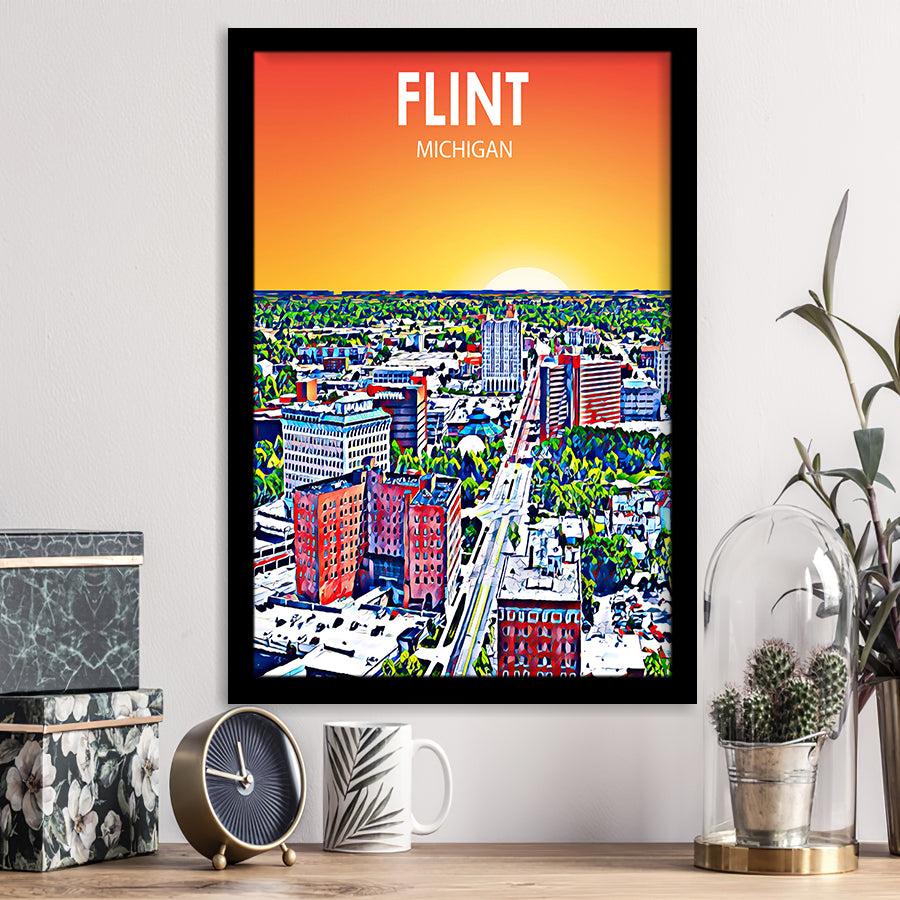 Flint MI Art Sunset Landscape, City Art Print, Framed Art Print Wall Art Home Decor, Framed Picture