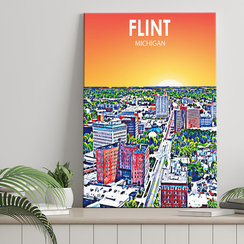 Flint MI Art Sunset Landscape ,City Art Print, Large Canvas, Canvas Print Wall Art Home Decor