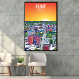 Flint MI Art Sunset Landscape, Large Canvas, Framed Canvas Print Wall Art Home Decor, Floating Frame