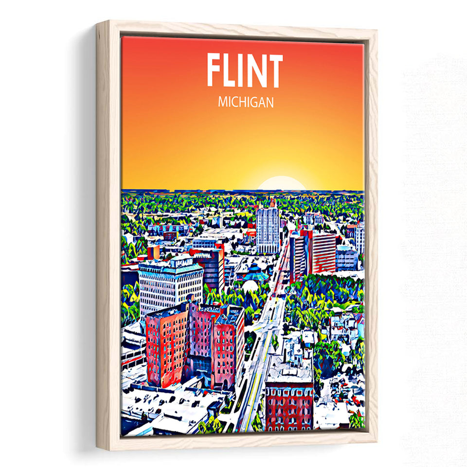 Flint MI Art Sunset Landscape, Large Canvas, Framed Canvas Print Wall Art Home Decor, Floating Frame