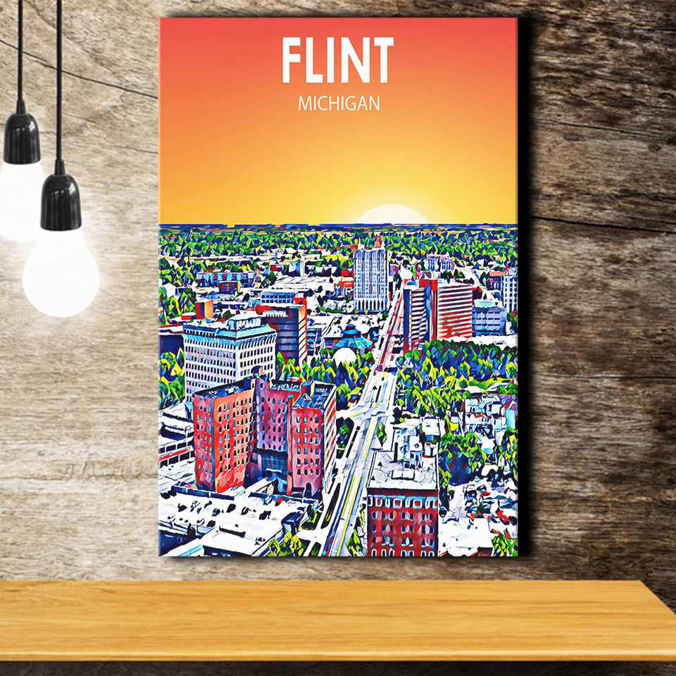 Flint MI Art Sunset Landscape ,City Art Print, Large Canvas, Canvas Print Wall Art Home Decor