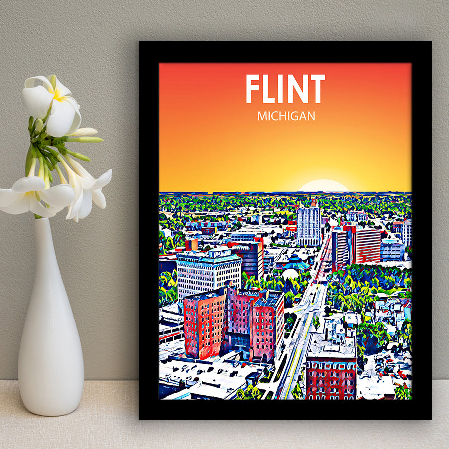 Flint MI Art Sunset Landscape, City Art Print, Framed Art Print Wall Art Home Decor, Framed Picture