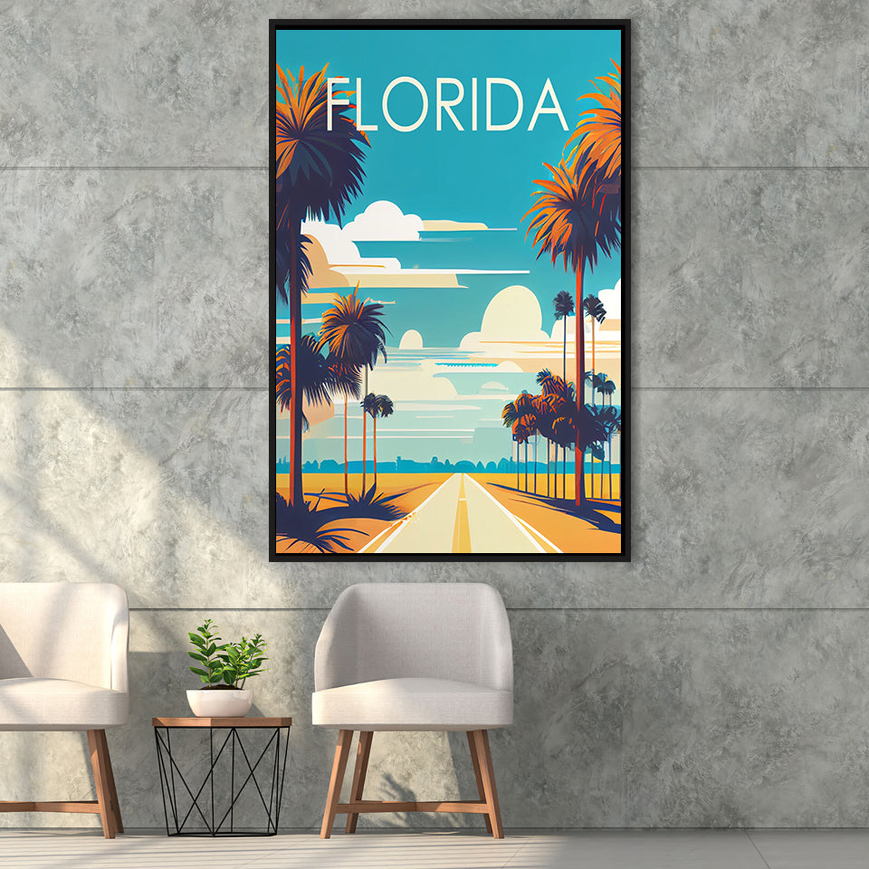 Florida Retro Art Print, Large Canvas, Framed Canvas Print Wall Art Home Decor, Floating Frame