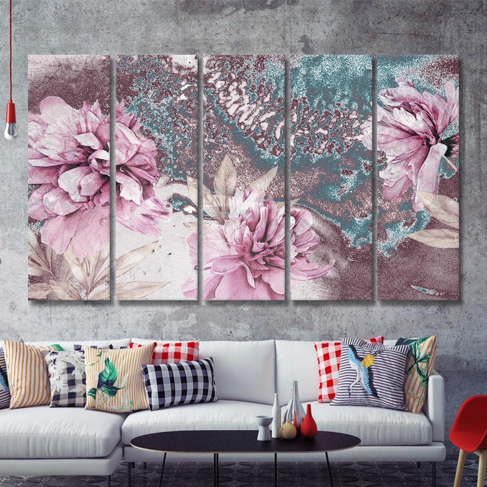Flower Wall art Pink Peony Flower Blossoms Canvas Nature Art 5 Piece Canvas Prints Wall Art - Painting Prints,Multi Panels