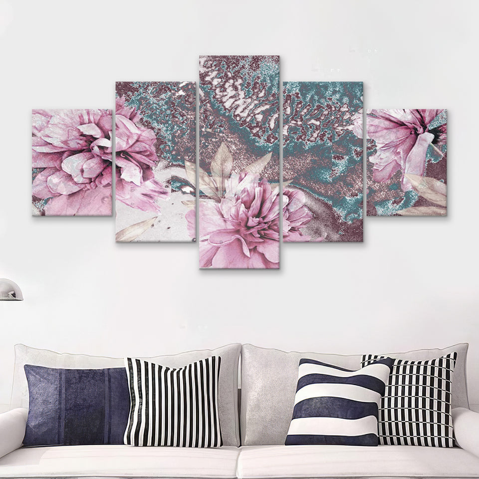 Flower Wall art Pink Peony Flower Blossoms Canvas Nature Art 5 Piece Canvas Prints Wall Art - Painting Prints, Wall Decor,Multi Panel