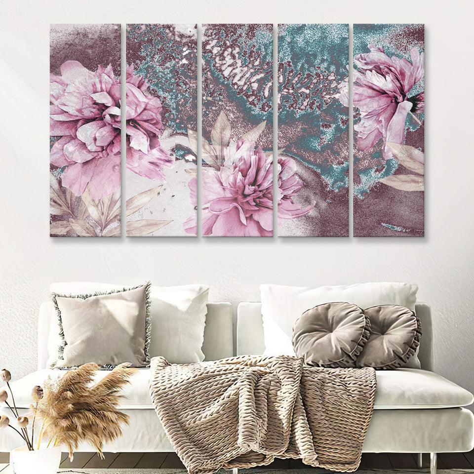 Flower Wall art Pink Peony Flower Blossoms Canvas Nature Art 5 Piece Canvas Prints Wall Art - Painting Prints,Multi Panels