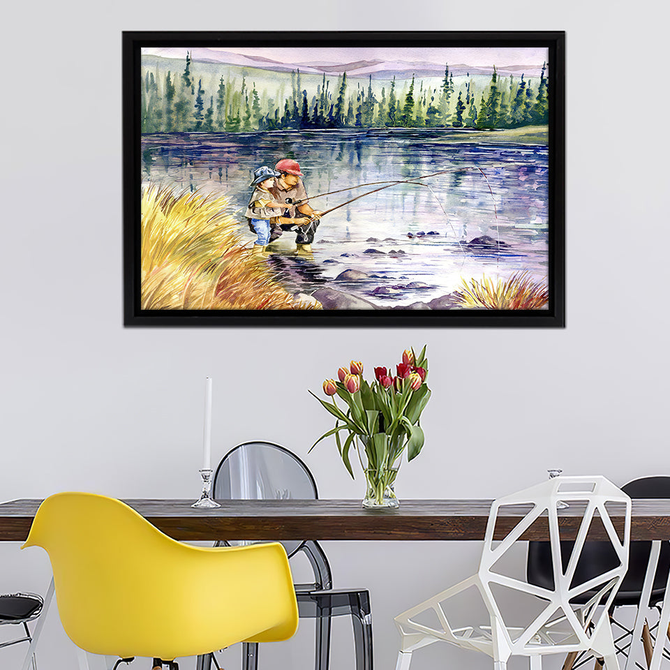 Fly Fishing Daddy And Son Framed Canvas Wall Art - Canvas Prints