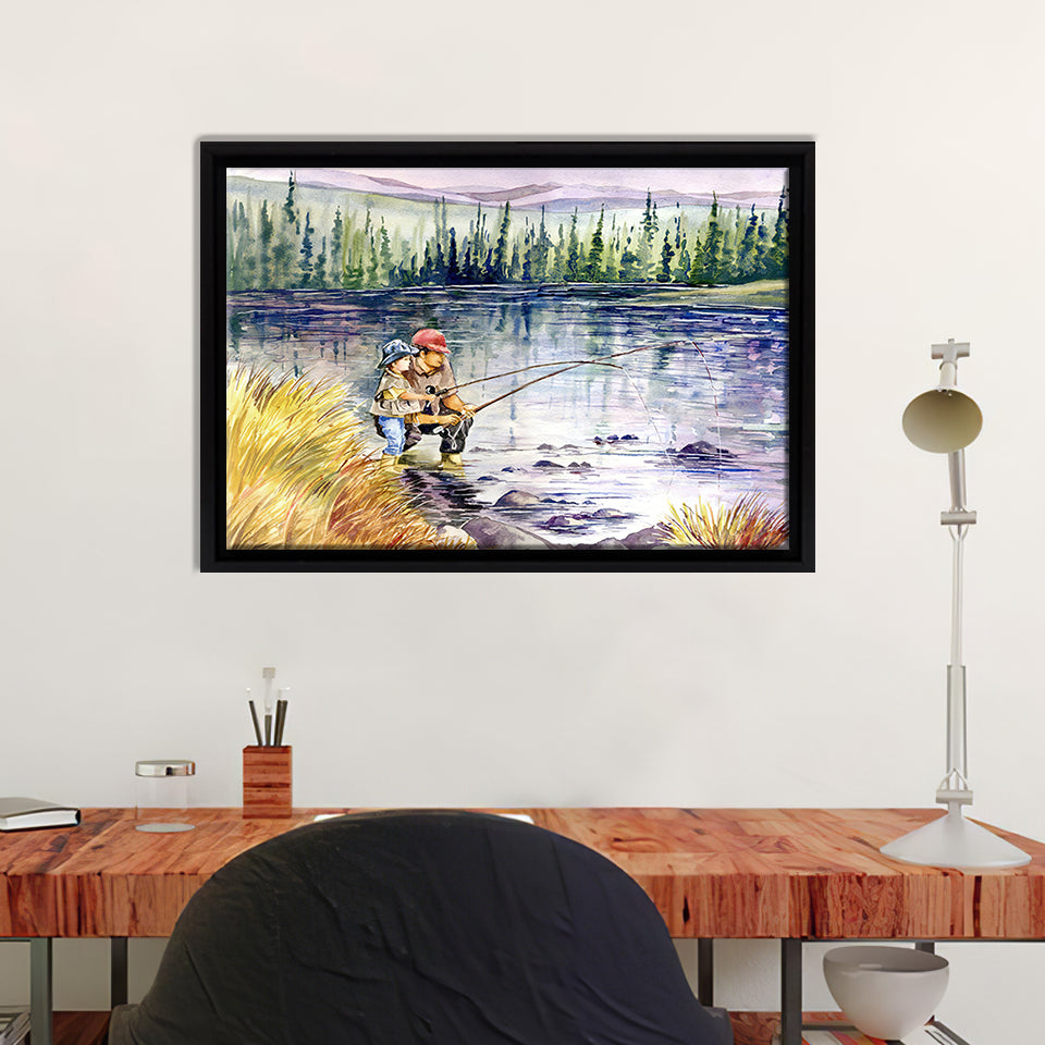 Fly Fishing Daddy And Son Framed Canvas Wall Art - Canvas Prints