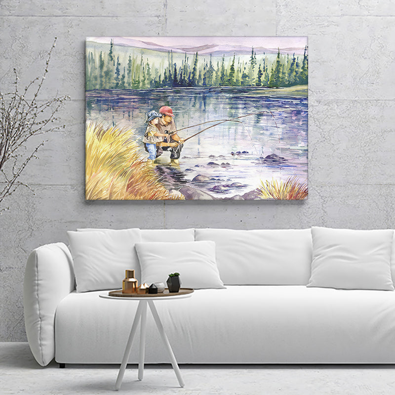 Fly Fishing Daddy And Son Canvas Wall Art - Canvas Prints, Prints For Sale, Painting Canvas,Canvas On Sale