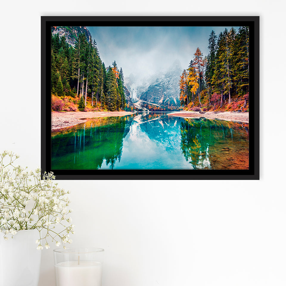 Fog Mountain Framed Canvas Prints Wall Art Decor, Framed Picture, Floating Frame