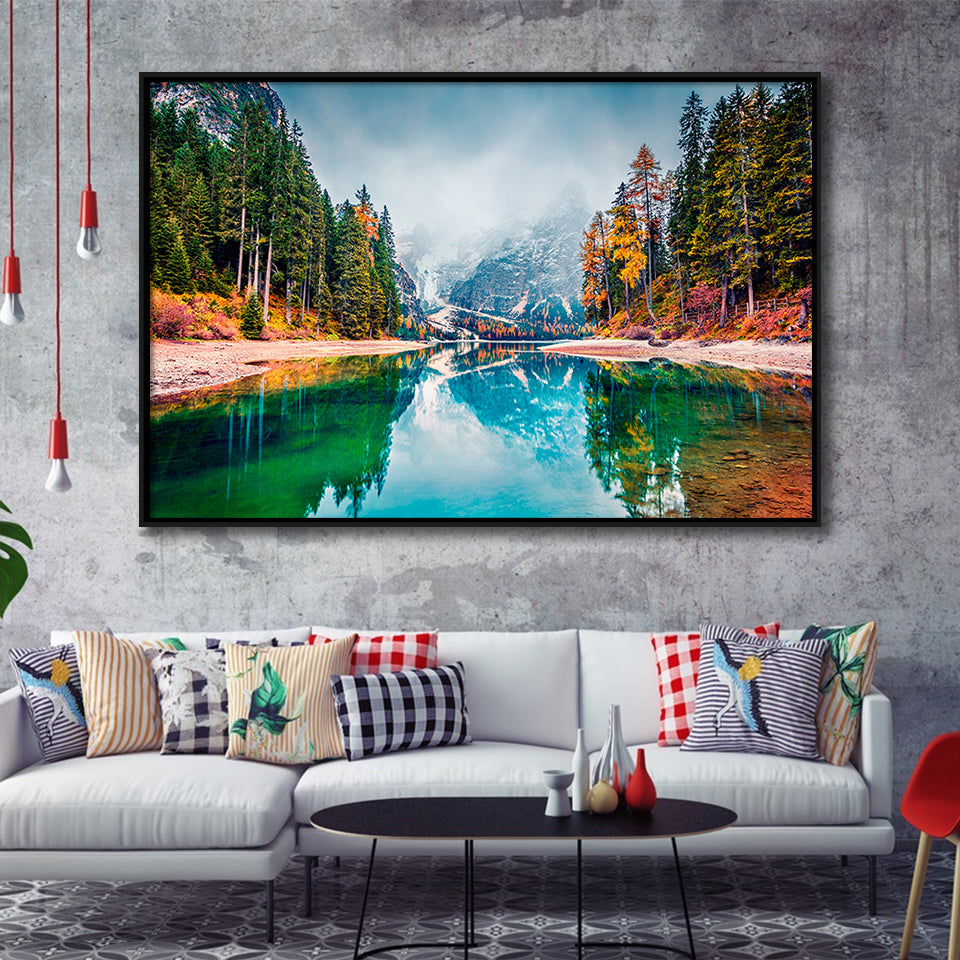 Fog Mountain Framed Canvas Prints Wall Art Decor, Framed Picture, Floating Frame