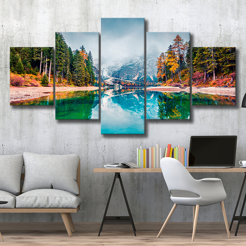 Fog Mountain 5 Piece Canvas Prints Wall Art Decor, Multi Panels, Mixed Canvas