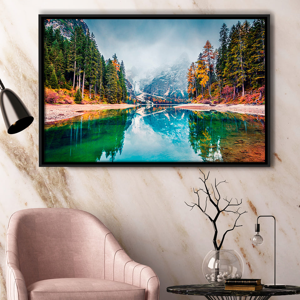 Fog Mountain Framed Canvas Prints Wall Art Decor, Framed Picture, Floating Frame