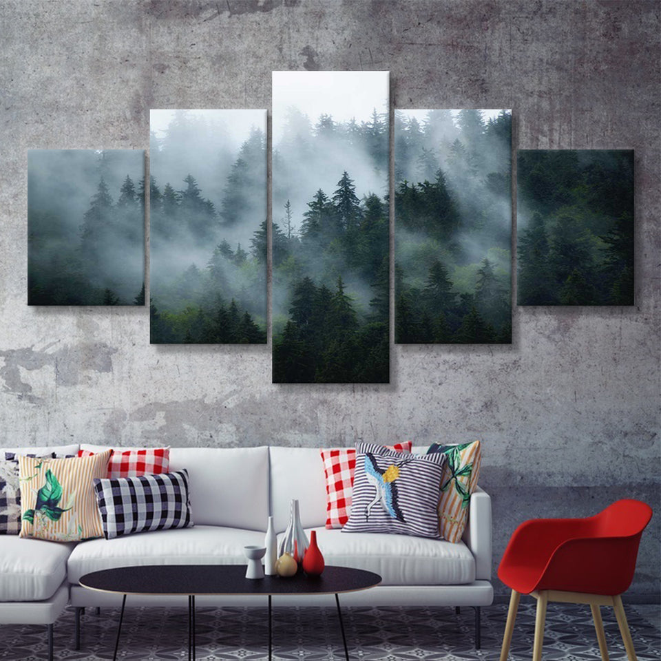 Foggy Forest 5 Piece Canvas Prints Wall Art Decor - Painting Canvas, Multi Panels