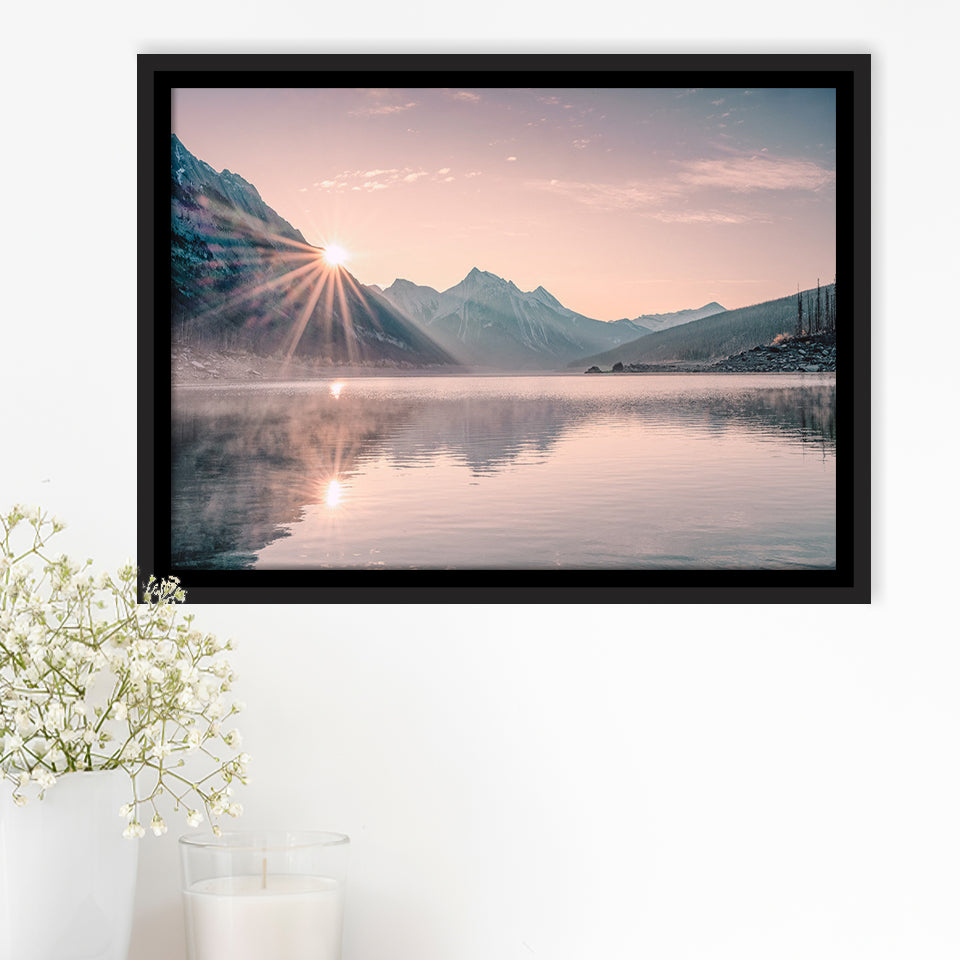 Foggy Mountain Lake At Sunrise Framed Canvas Prints Wall Art - Painting Canvas,Framed Picture,Home Art Wall Decor