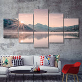 Foggy Mountain Lake At Sunrise 5 Piece Multi Panels Canvas Prints Wall Art - Painting Canvas,Wall Decor