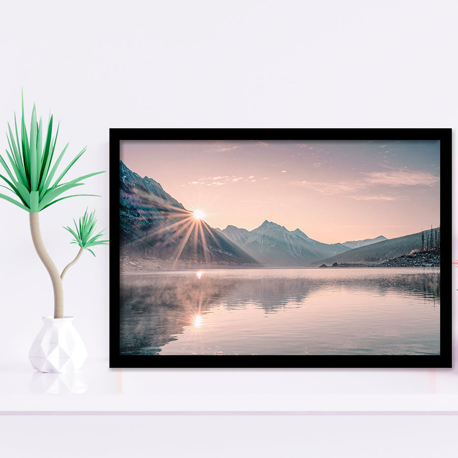 Foggy Mountain Lake At Sunrise Framed Art Print Wall Decor - Painting Art, Framed Picture, Home Decor