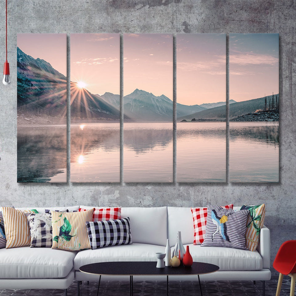 Foggy Mountain Lake At Sunrise 5 Piece B Multi Panels Canvas Prints Wall Art - Painting Canvas,Wall Decor