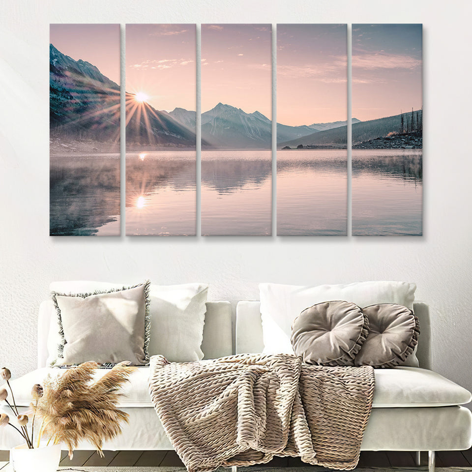 Foggy Mountain Lake At Sunrise 5 Piece B Multi Panels Canvas Prints Wall Art - Painting Canvas,Wall Decor