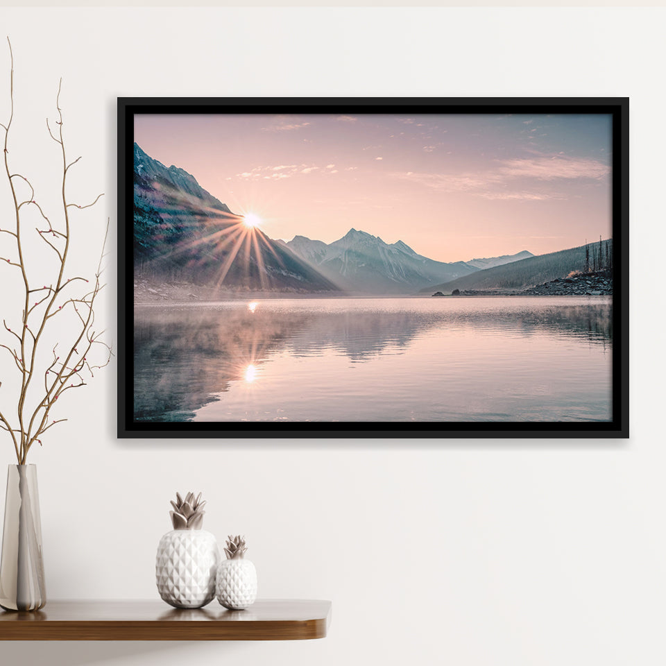 Foggy Mountain Lake At Sunrise Framed Canvas Prints Wall Art - Painting Canvas,Framed Picture,Home Art Wall Decor