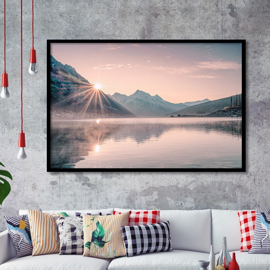 Foggy Mountain Lake At Sunrise Framed Art Print Wall Decor - Painting Art, Framed Picture, Home Decor