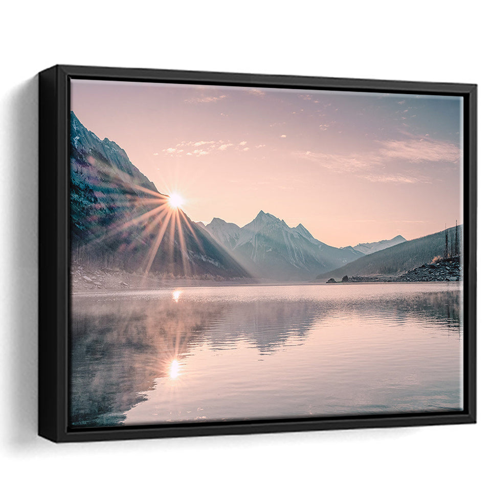 Foggy Mountain Lake At Sunrise Framed Canvas Prints Wall Art - Painting Canvas,Framed Picture,Home Art Wall Decor